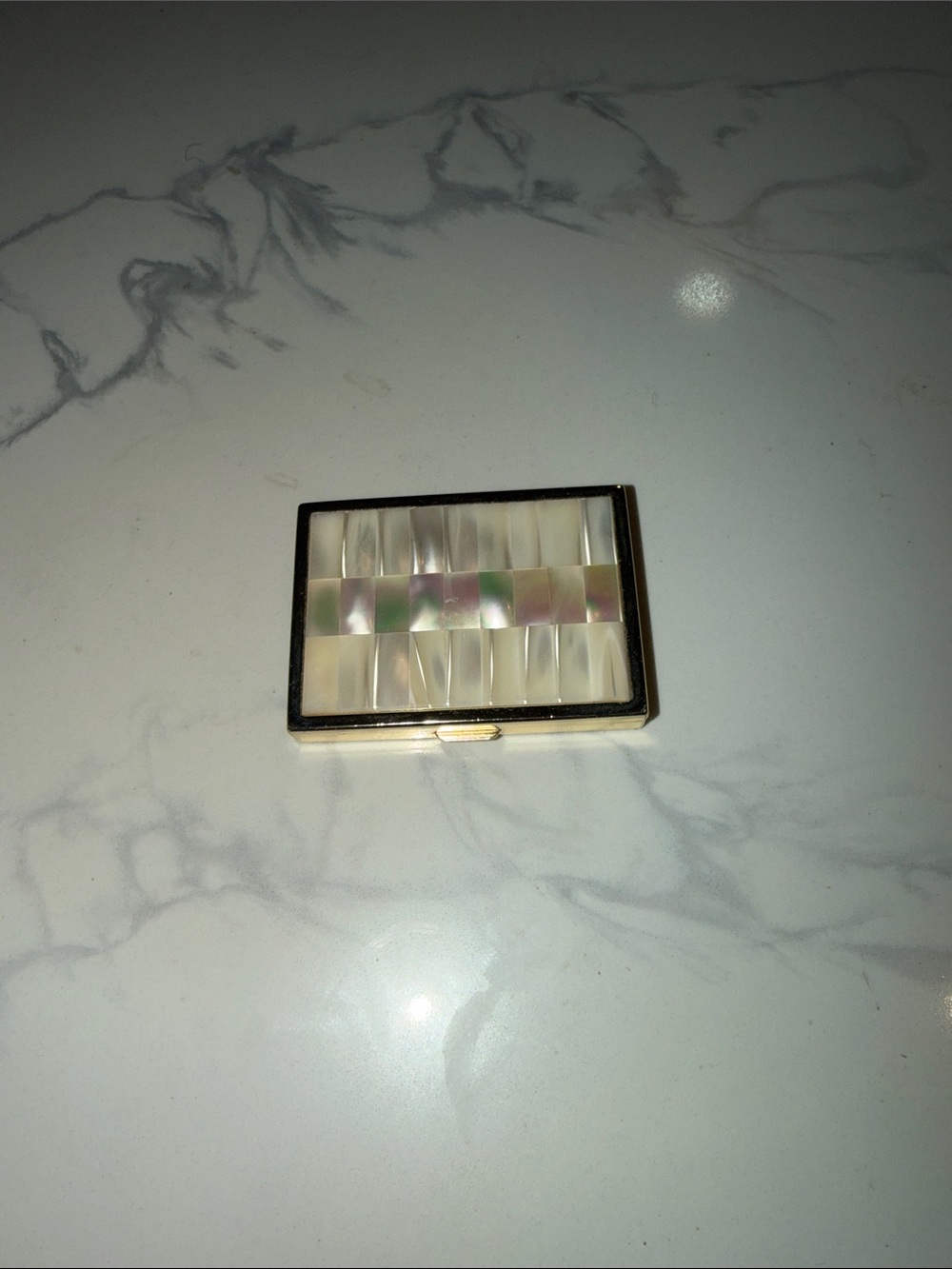 Vintage Eisner of Miami Inlaid Mother-of-Pearl Trikette Compact w Gold Trim
